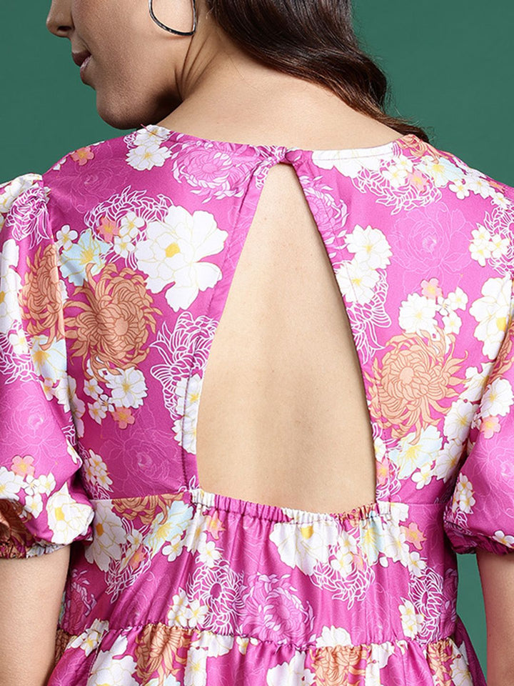 DressBerry Floral Print Puff Sleeve Tiered Midi Dress