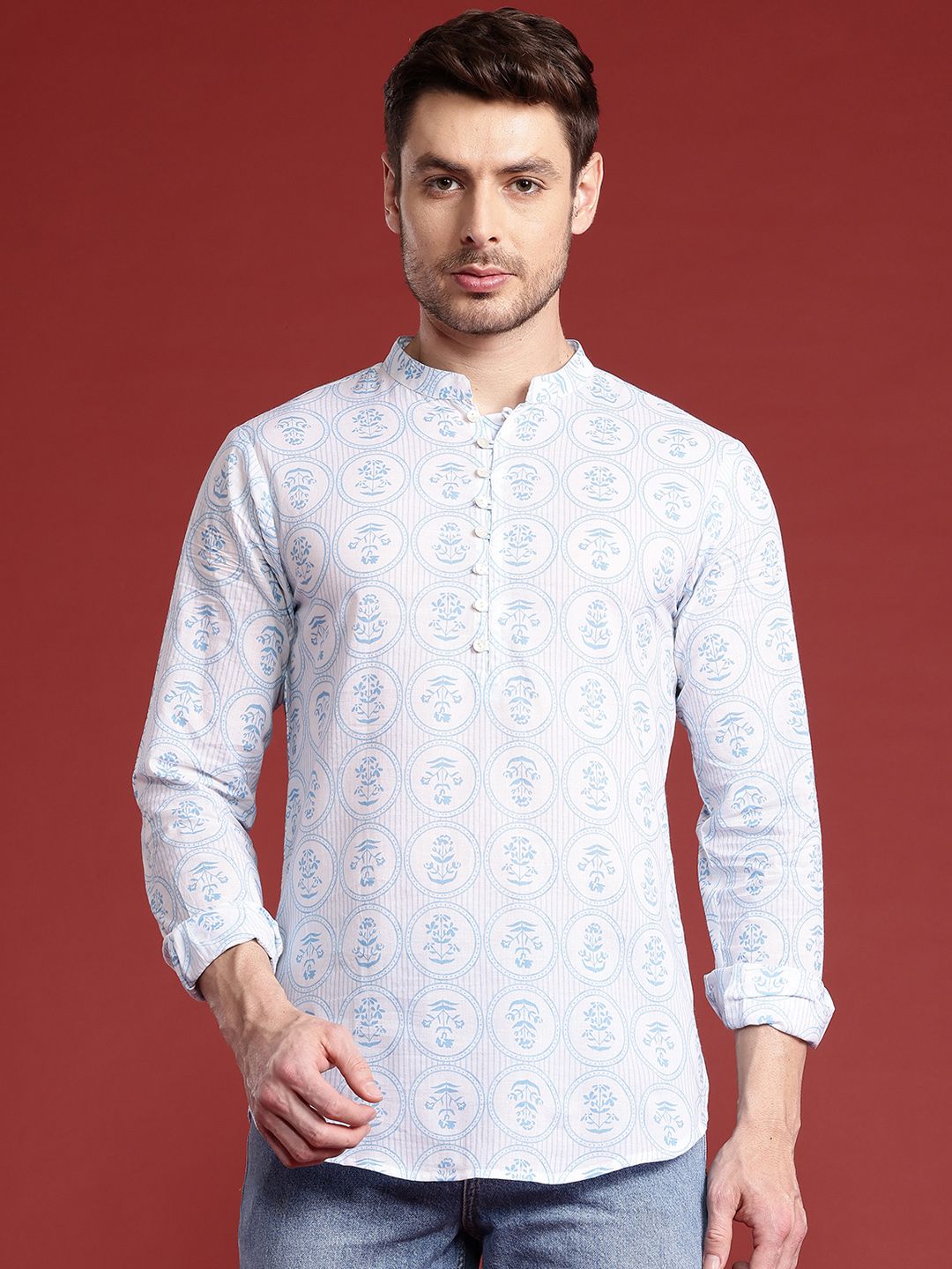 Anouk Mandarin Collar Floral Printed Pure Cotton Kurta