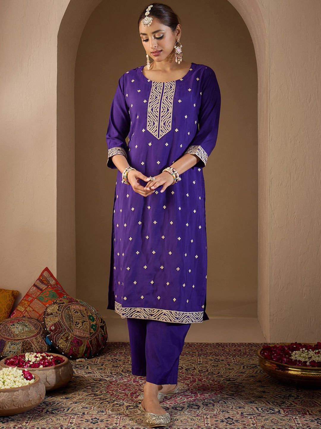 Indo Era Ethnic Motifs Embroidered Sequinned Kurta with Trousers & With Dupatta