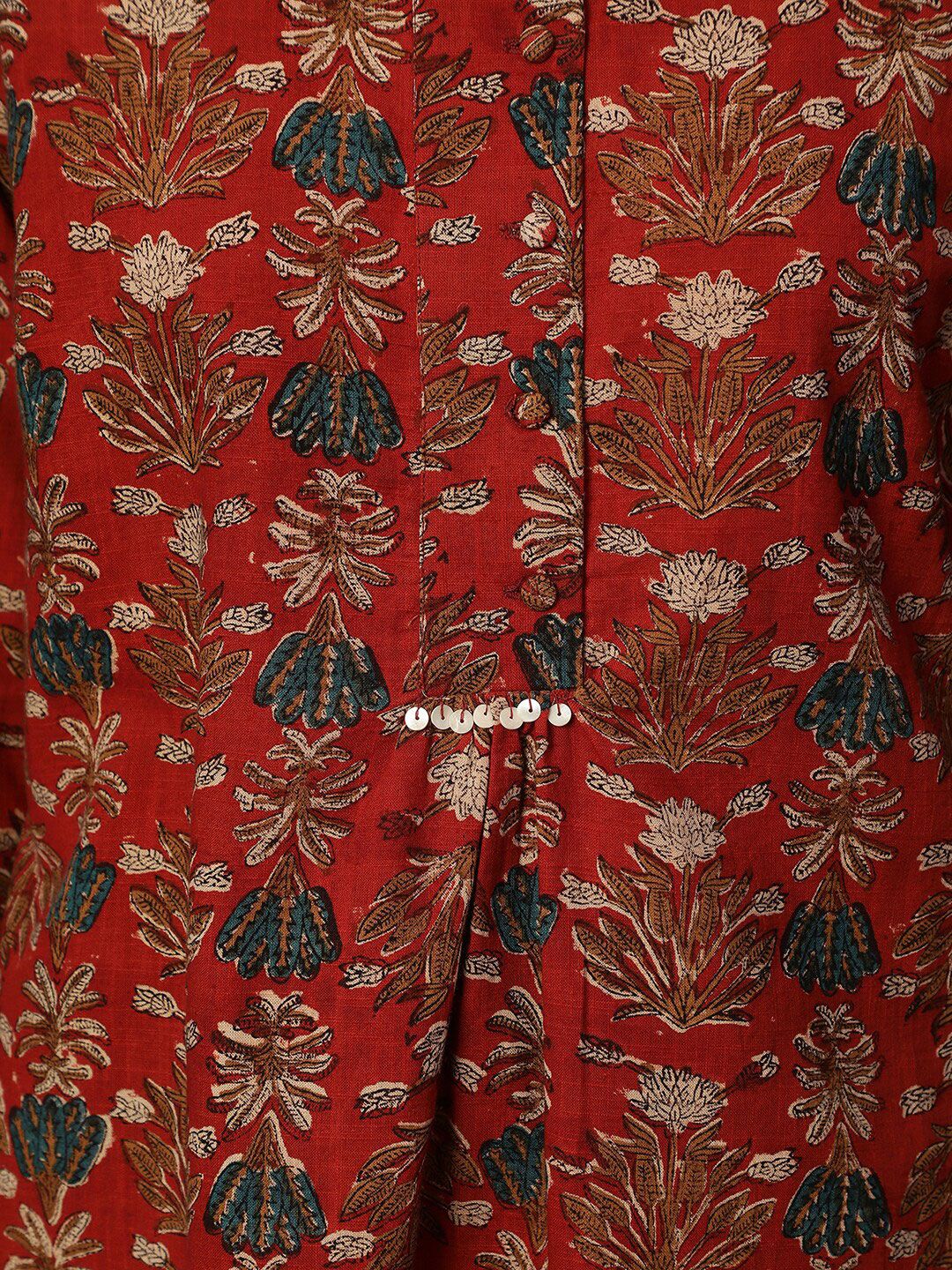 W Red Floral Printed Pure Cotton Straight Kurti