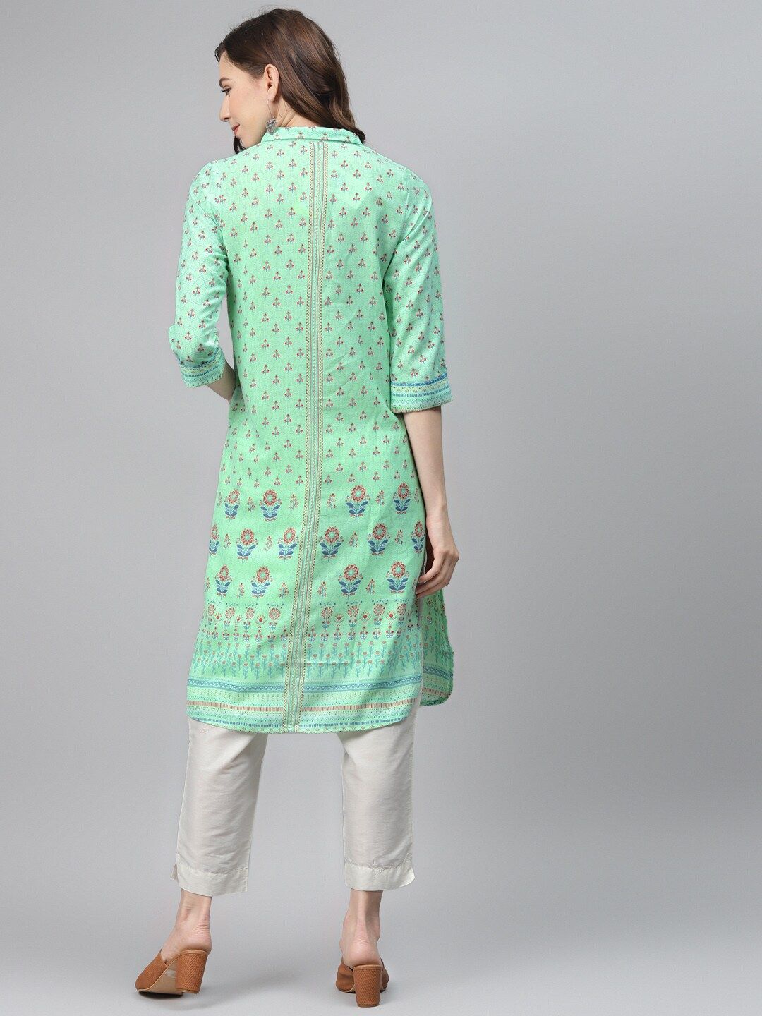 Global Desi Women Green & Red Printed A-Line Kurta