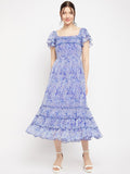 Antheaa Square Neck Abstract Printed Tiered Embellished Chiffon Fit & Flare Midi Dress
