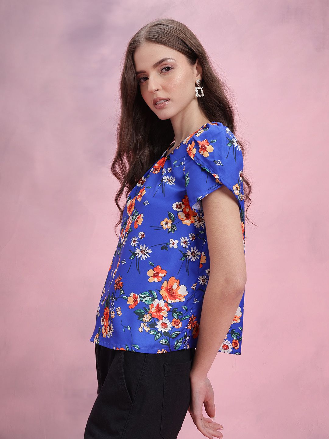 DressBerry Floral Printed Petal Sleeve Top