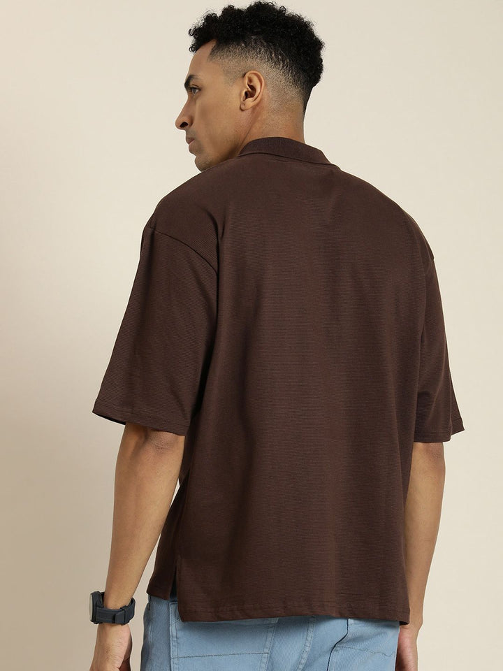 DILLINGER Men Solid Honeycomb Structure Oversized Pure Cotton Polo T-Shirt