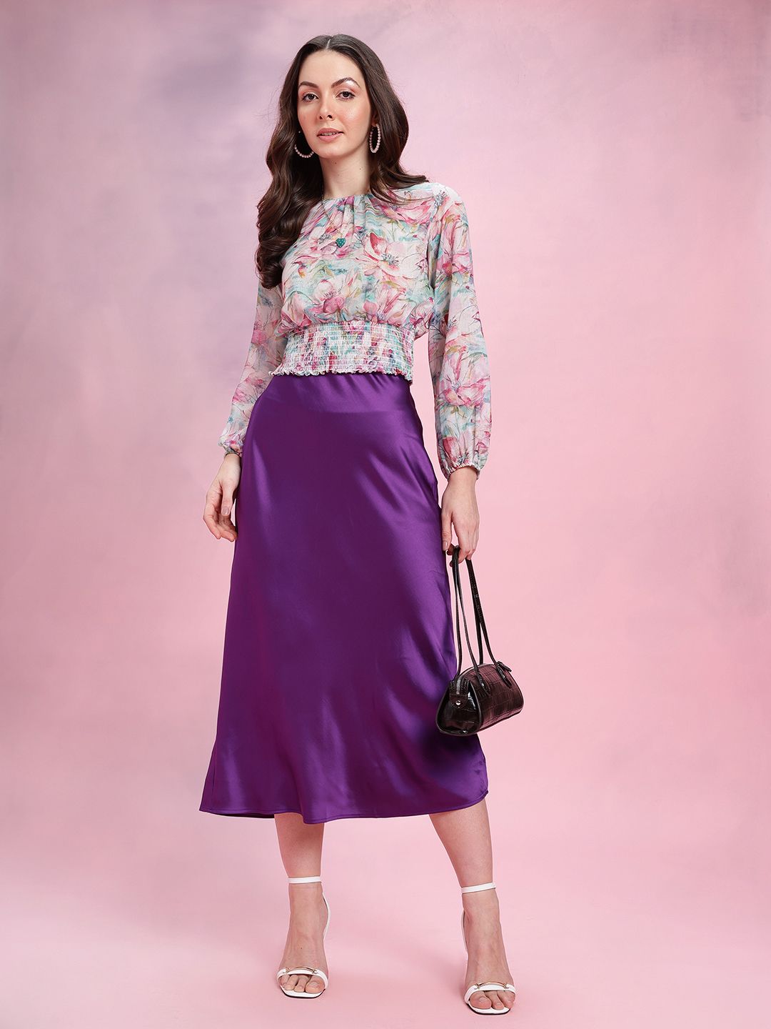 DressBerry Floral Print Smocked Detail Puff Sleeves Blouson Top