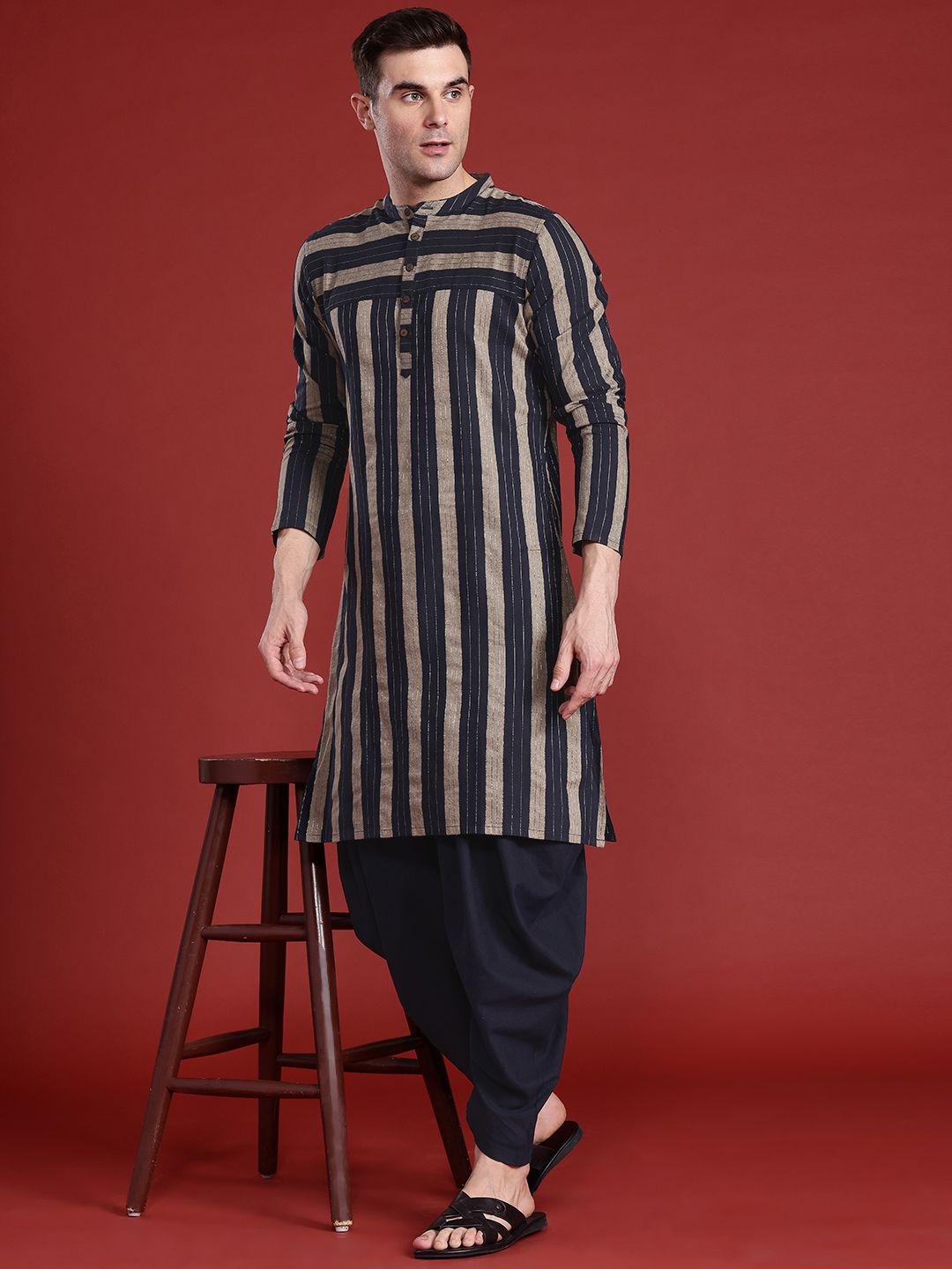Anouk Men Striped Thread Work Kurta with Salwar
