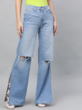 STREET 9 Women Blue Flared Mid-Rise Slash Knee Stretchable Jeans
