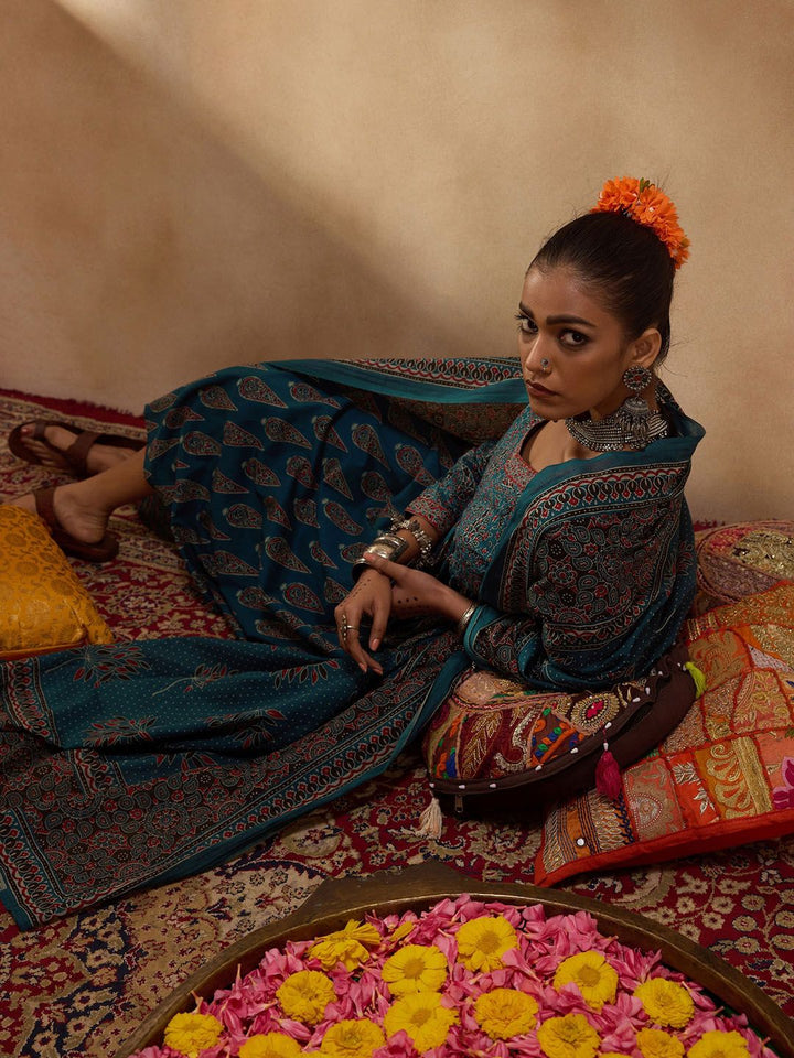 Indo Era Floral Printed Empire Pure Cotton A-Line Kurta with Trousers & Dupatta