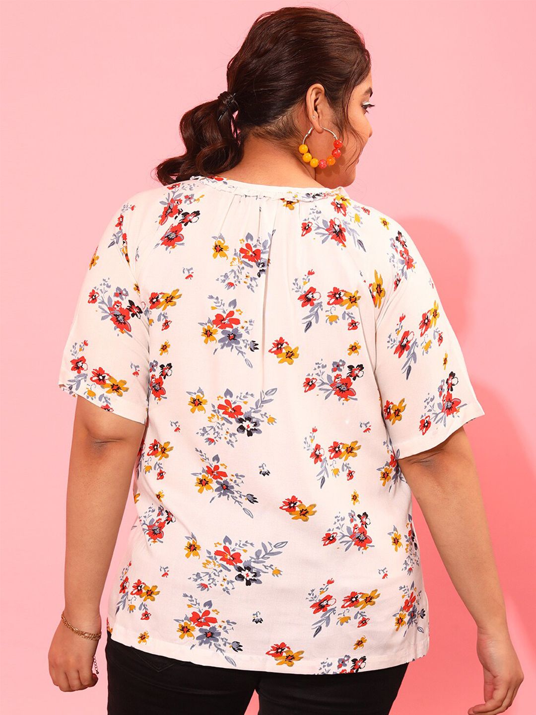 CURVY STREET Tie-Up Neck Floral Printed Top