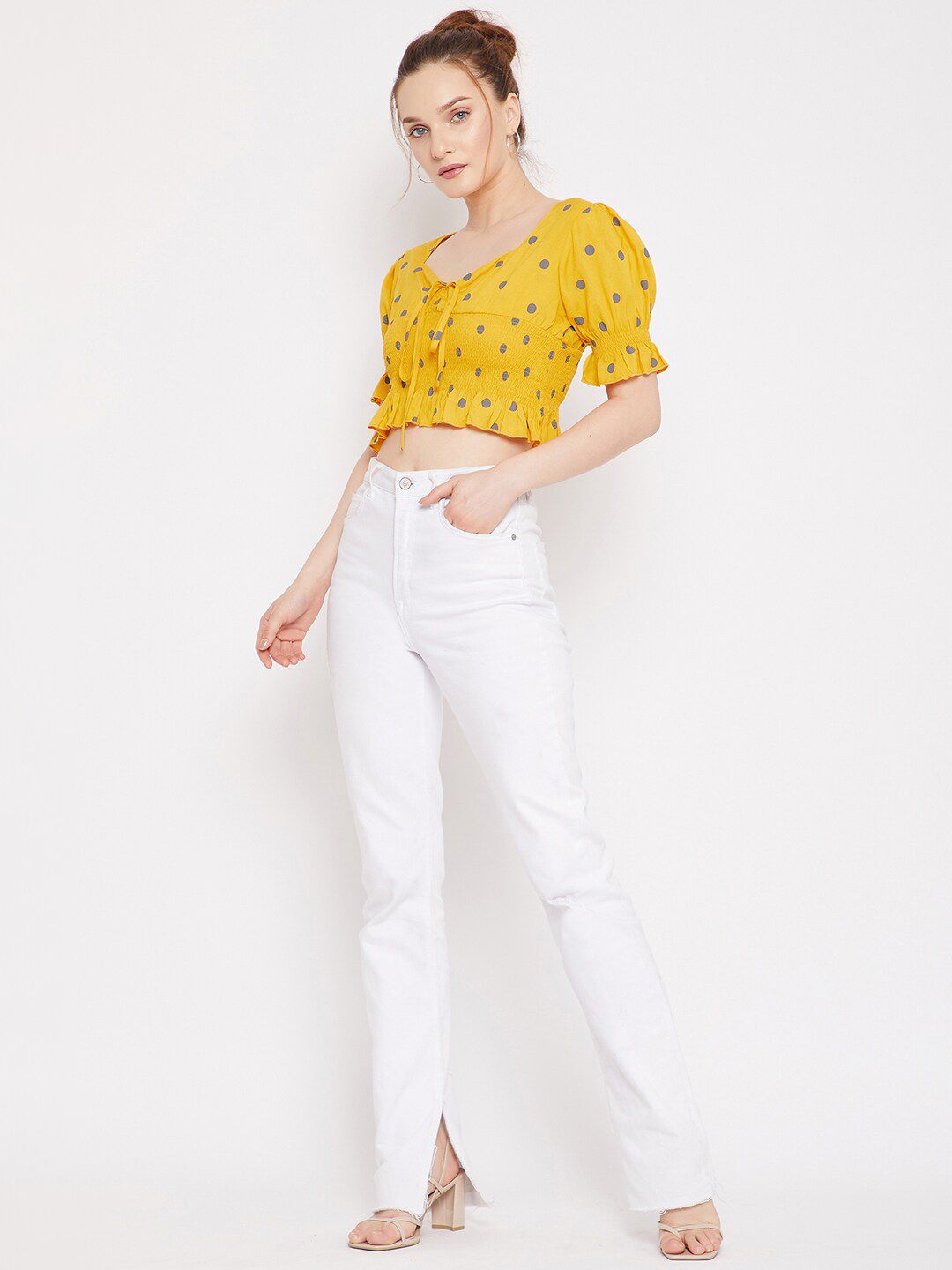 Berrylush Yellow & Blue Polka Dot Printed Crepe Crop Top