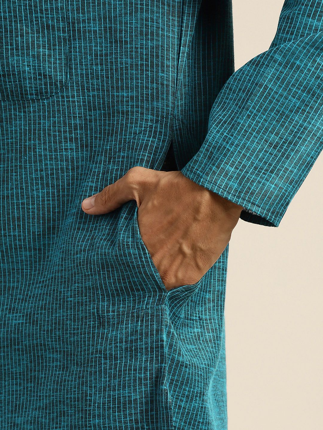SOJANYA Lelaki Teal Blue Pure Cotton Striped Kurta