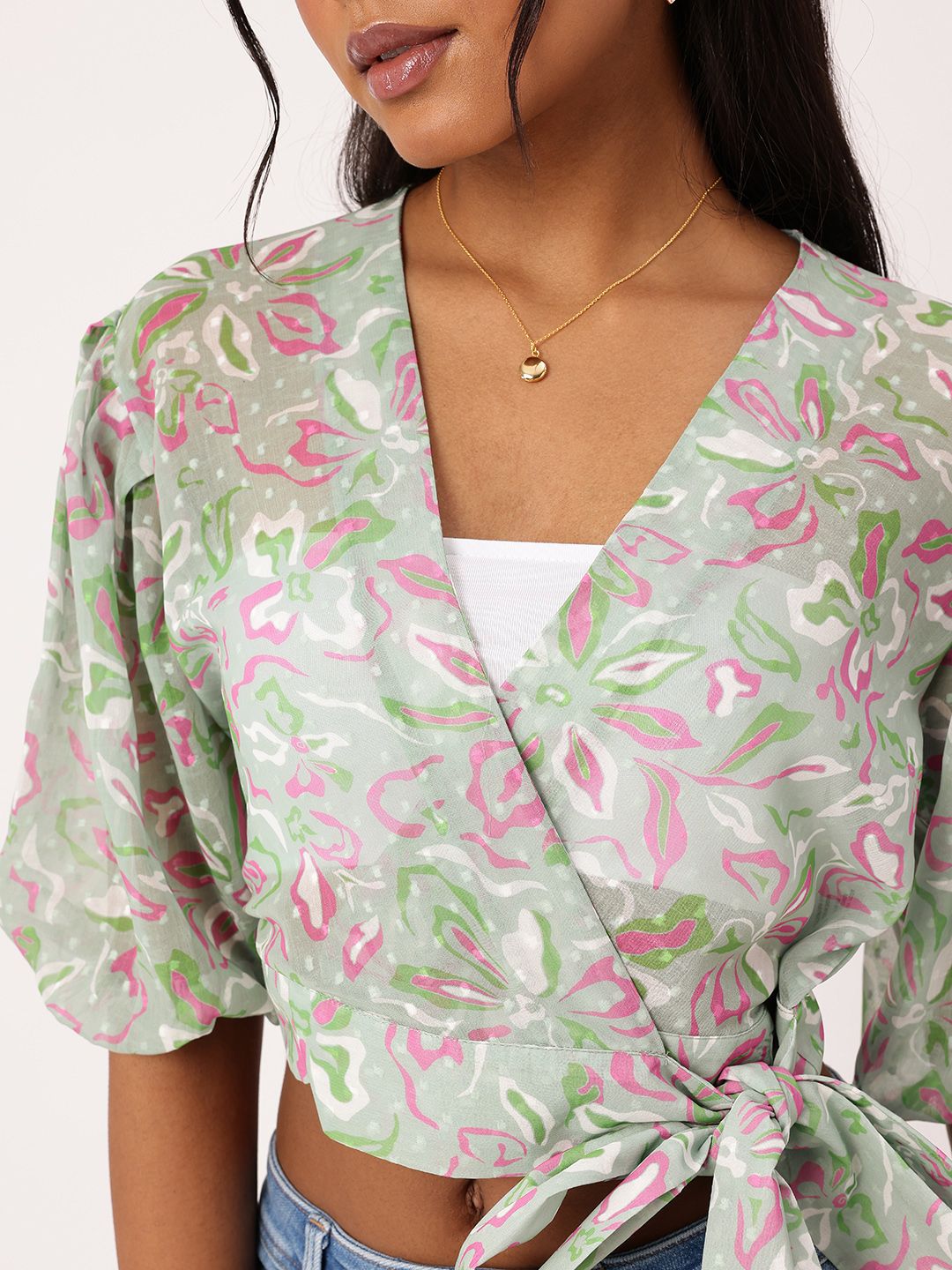 DressBerry Trendy Blossom Print Semi Sheer Crop Wrap Top With Inner Slip