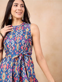 Anouk Blue Patola Printed Sleeveless Waist Tie-Ups Basic Jumpsuit