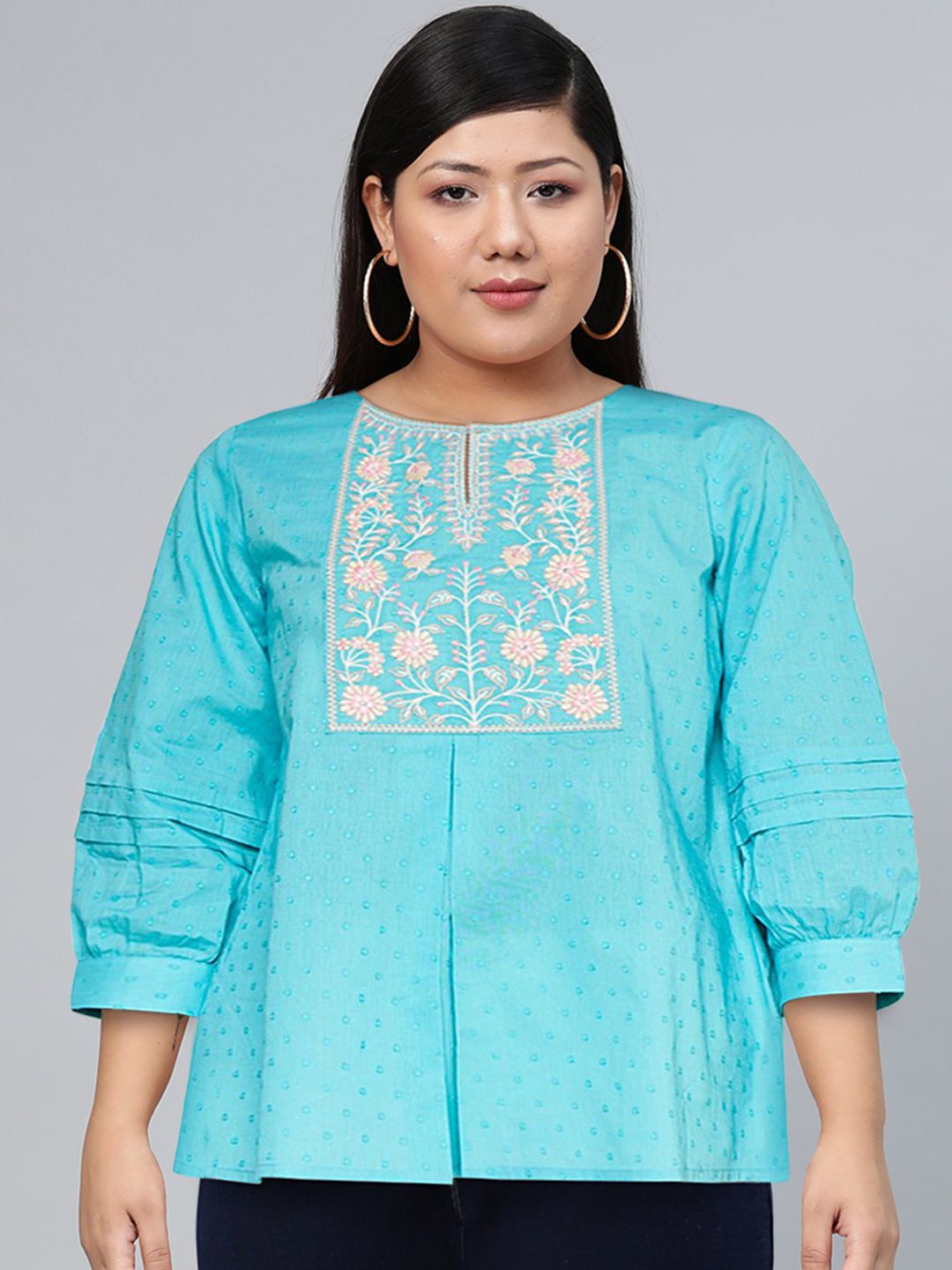Global Desi Puff Sleeves Floral Embroidered Key-Hole Neck Pure Cotton Top