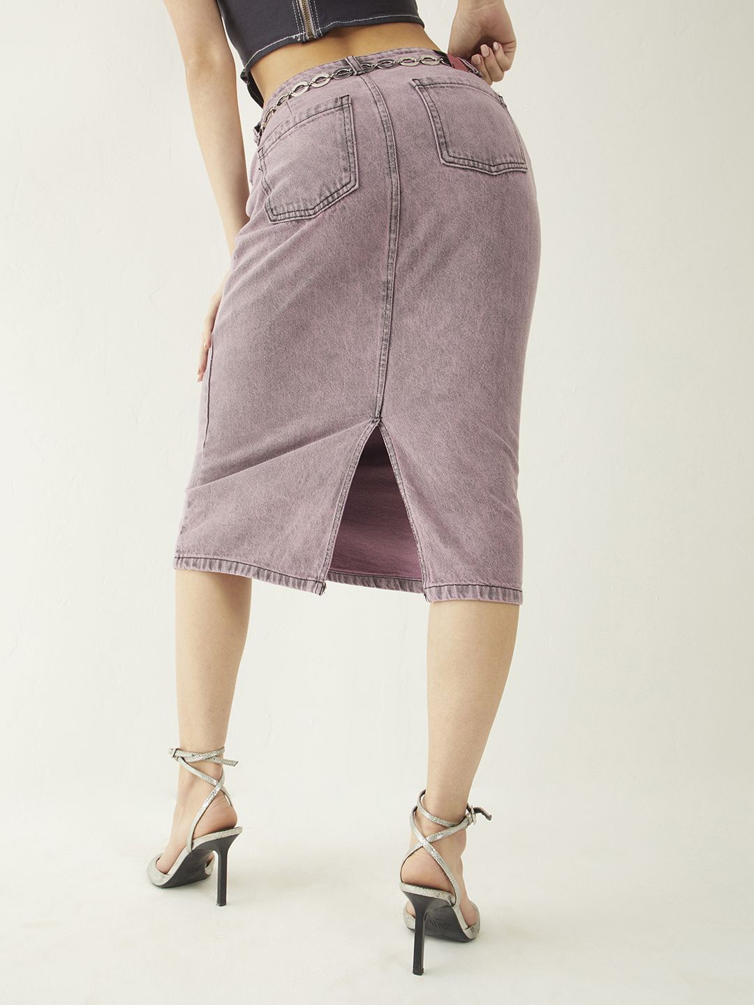 DressBerry Women Urban Vibe Back Slit Denim Faded A-Line Skirt