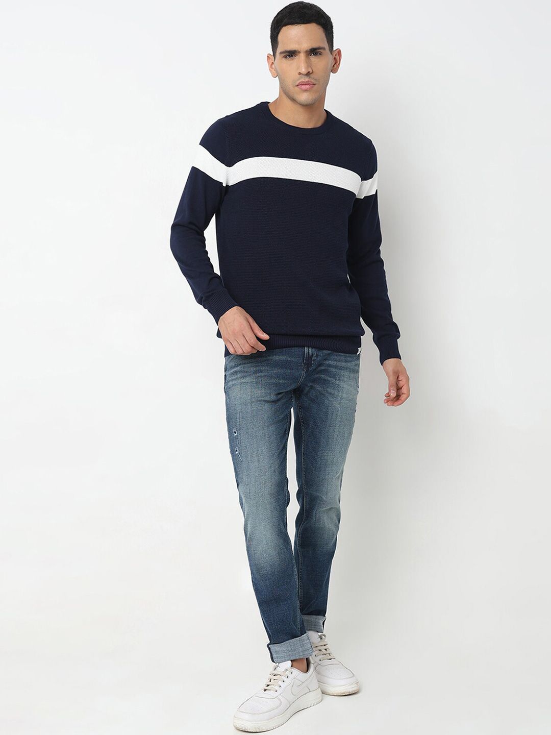 SPYKAR Striped Round Neck Cotton Pullover Sweater