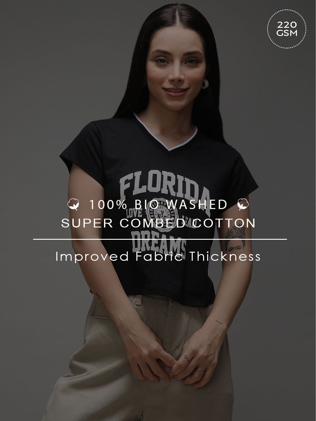 DILLINGER Women Regular Fit Cropped V-Neck Varsity Printed Tshirt