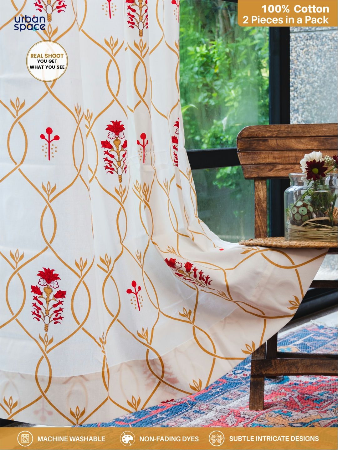 URBAN SPACE White & Red 2 Pieces Floral Cotton Window Curtains