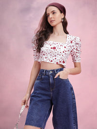 DressBerry Polka Dots Print Puff Sleeve Crop Top