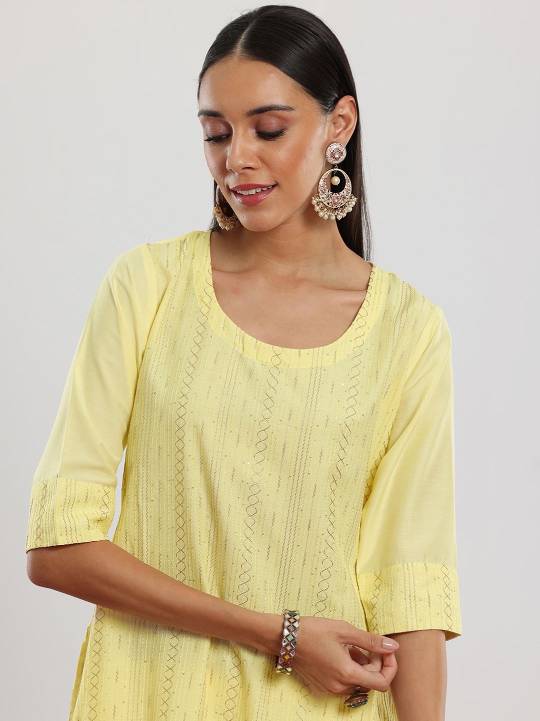 Libas Yellow Geometric Embroidered Sequinned Straight Kurta With Trousers & Dupatta