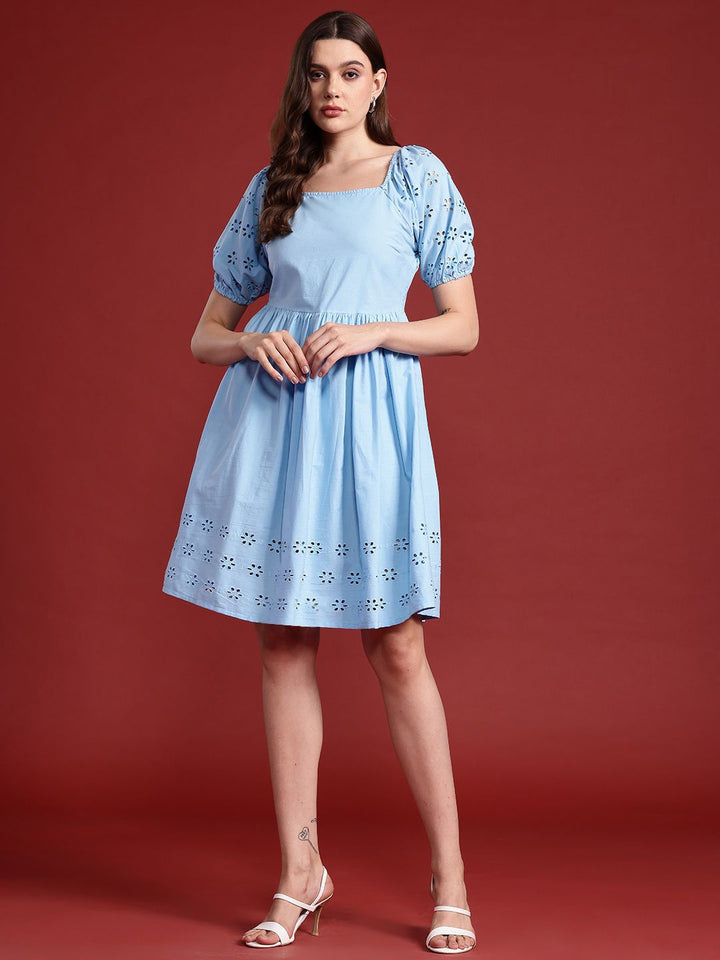 all about you Cotton Schiffli Embroidered Detail Puff Sleeves A-Line Dress