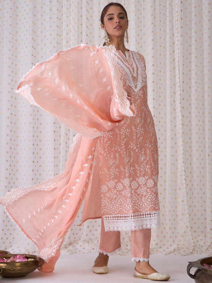 Indo Era Floral Embroidered Notched Neck Cotton Straight Kurta with Trousers & Dupatta