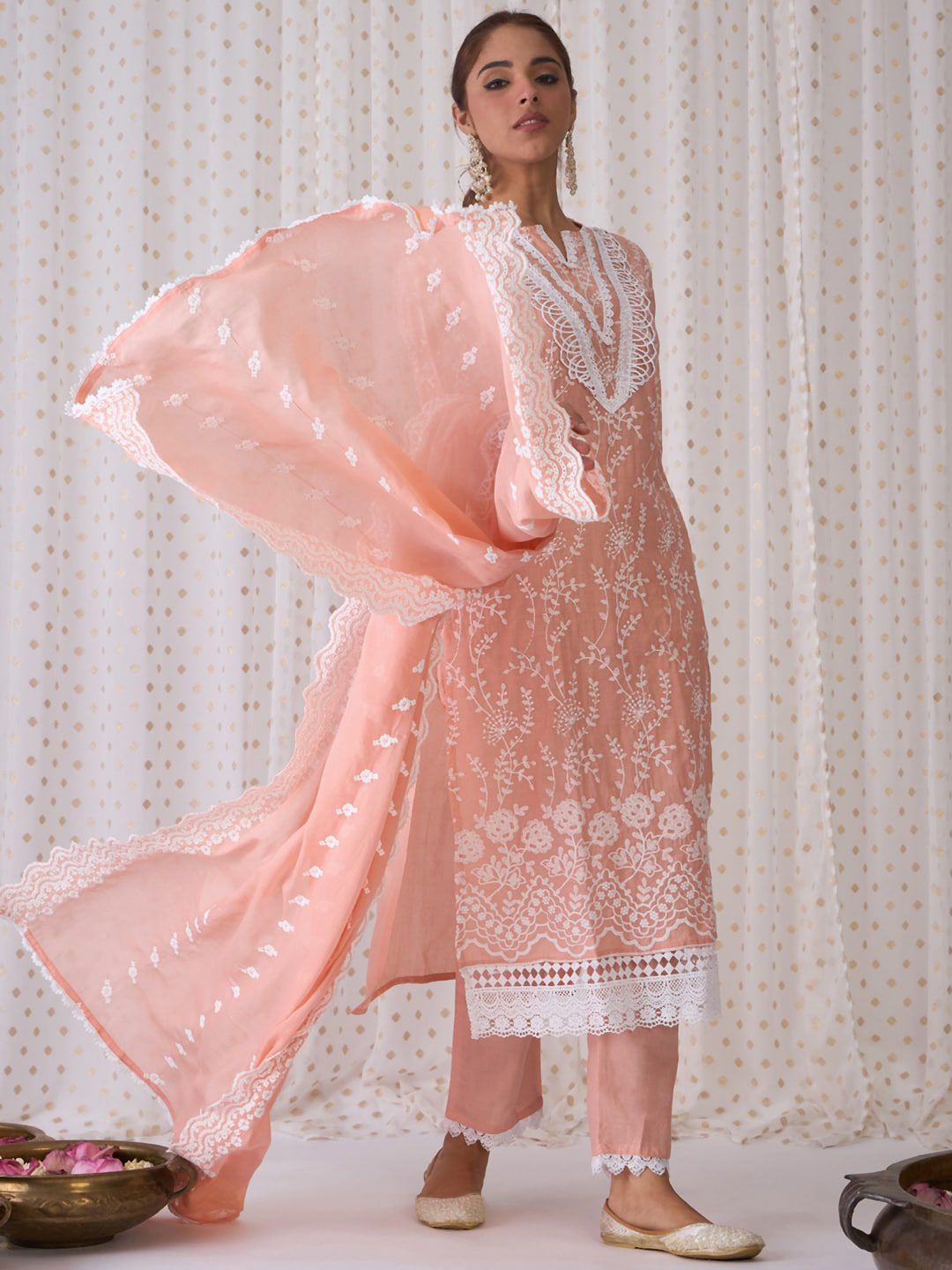 Indo Era Floral Embroidered Notched Neck Cotton Straight Kurta with Trousers & Dupatta