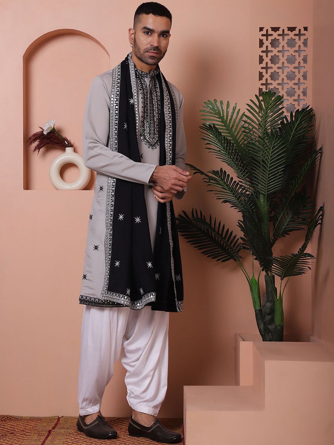 Jompers Embroidered Mandarin Collar Long Sleeves Kurta with Salwar & Dupatta