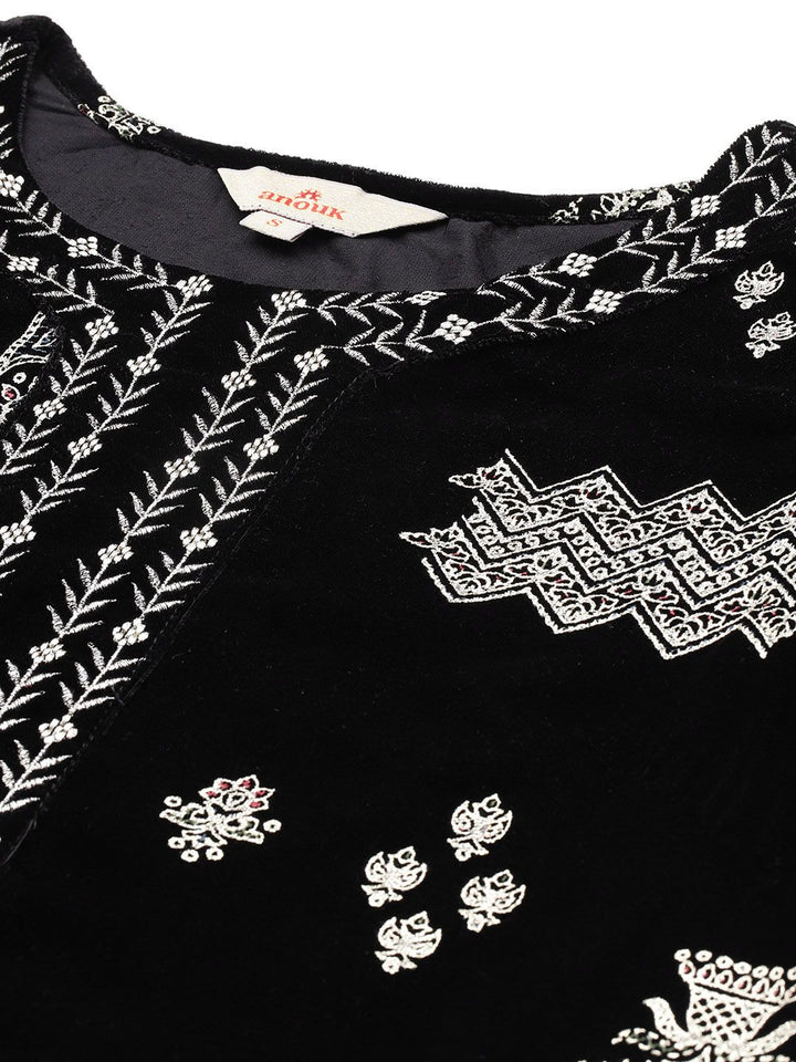 Anouk Women Tyohar Collection Ethnic Motifs Printed Thread Work Velvet Finish A-Line Kurta