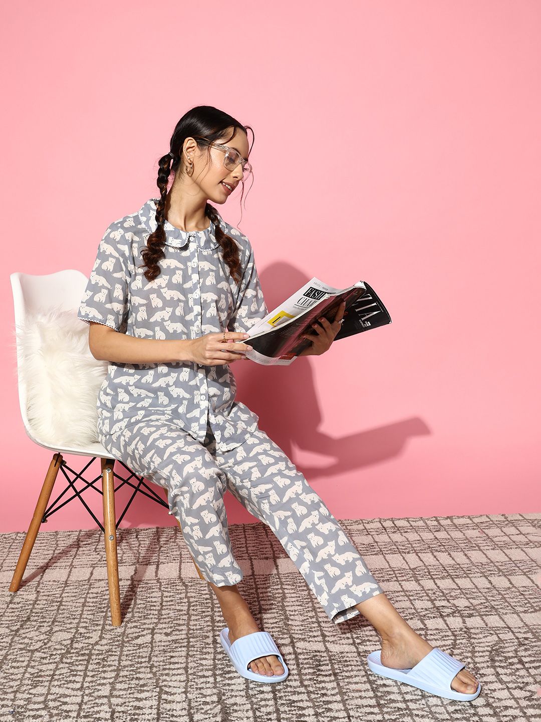 SANSKRUTIHOMES Women Grey & White Printed Pure Cotton Night Suit