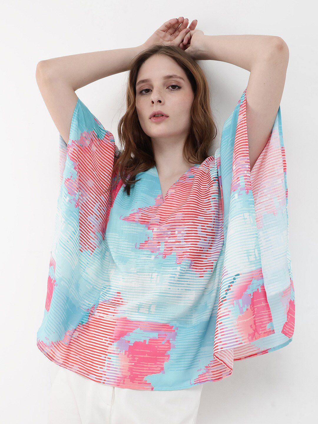 RAREISM Arial Abstract Print Extended Sleeves Linen Kaftan Top
