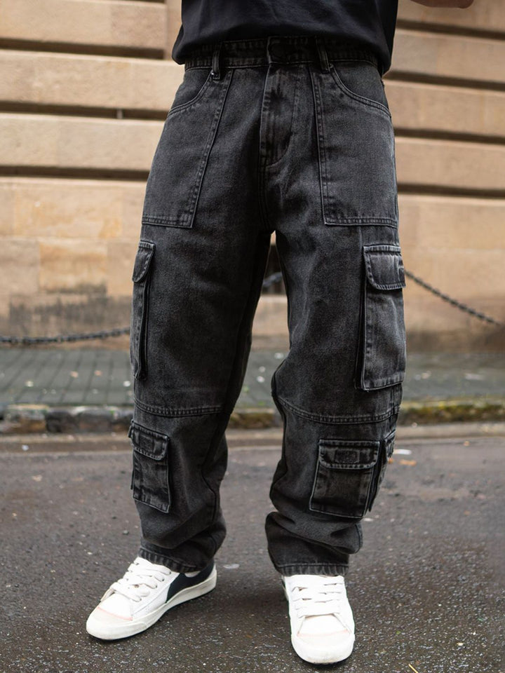 Powerlook Men Loose Fit Cargos Charcoal Black Multi Pockets Baggy Fit Denim Jeans