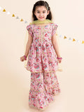 pspeaches Girls Pink Floral Printed Gotta Patti Pure Cotton Kurti with Palazzos With Dupatta