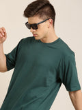 DILLINGER Men Green Solid Pure Cotton Drop-Shoulder Sleeves Oversized Fit T-shirt