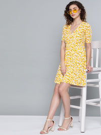 SASSAFRAS Yellow & Off-White Floral Printed Wrap Dress