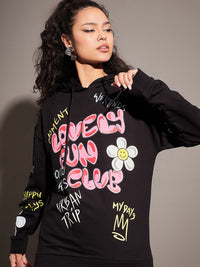 SASSAFRAS Typography Printed Long Sleeves Hooded Fleece Sweatshirt
