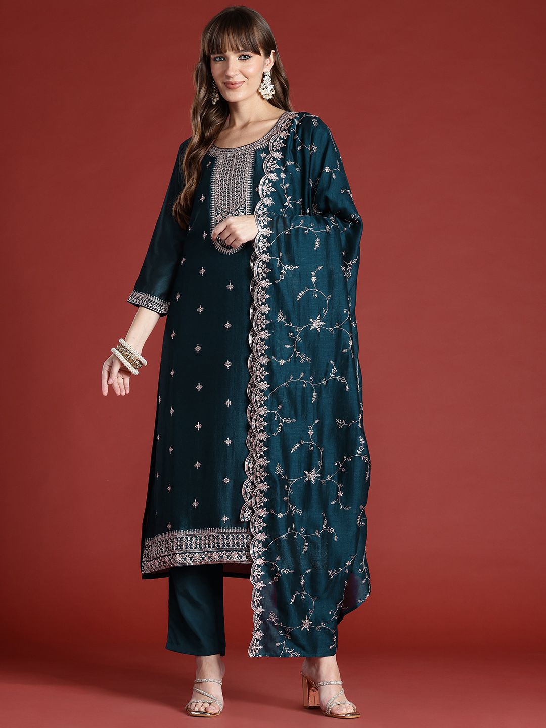 Indo Era Floral Embroidered Sequinned Kurta with Trousers & With Dupatta