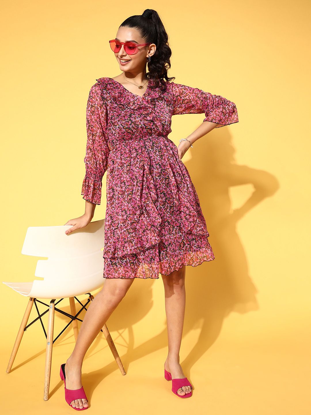 Antheaa Pink Floral Chiffon Dress