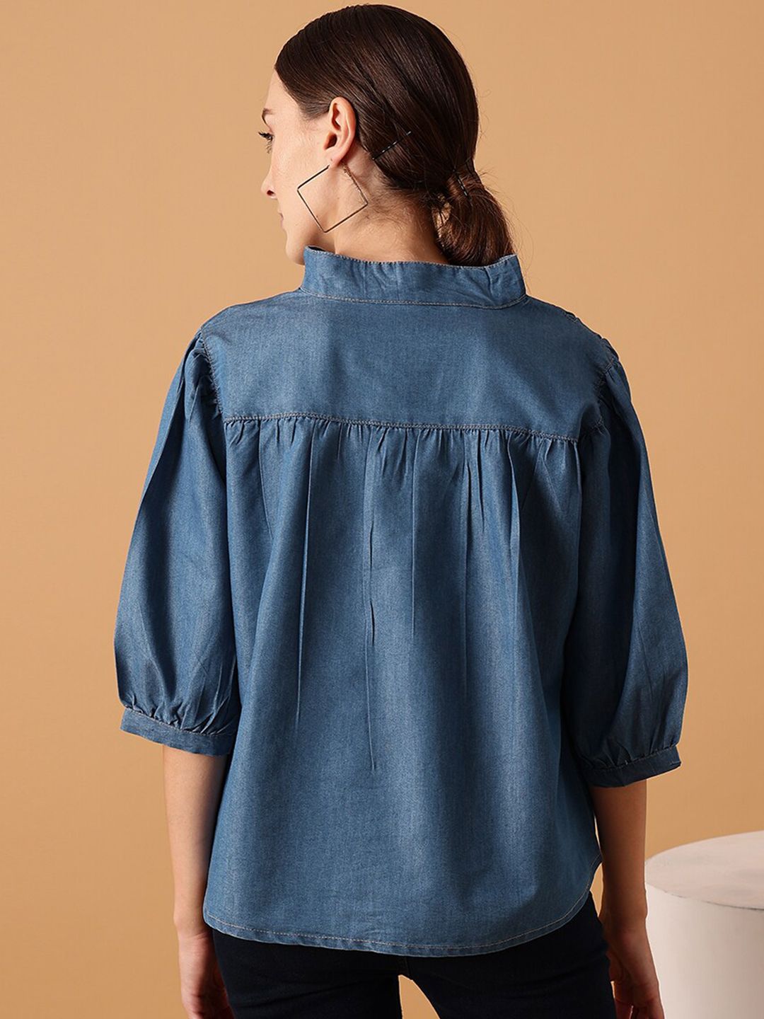STREET 9 Mandarin Collar Cotton Denim Top