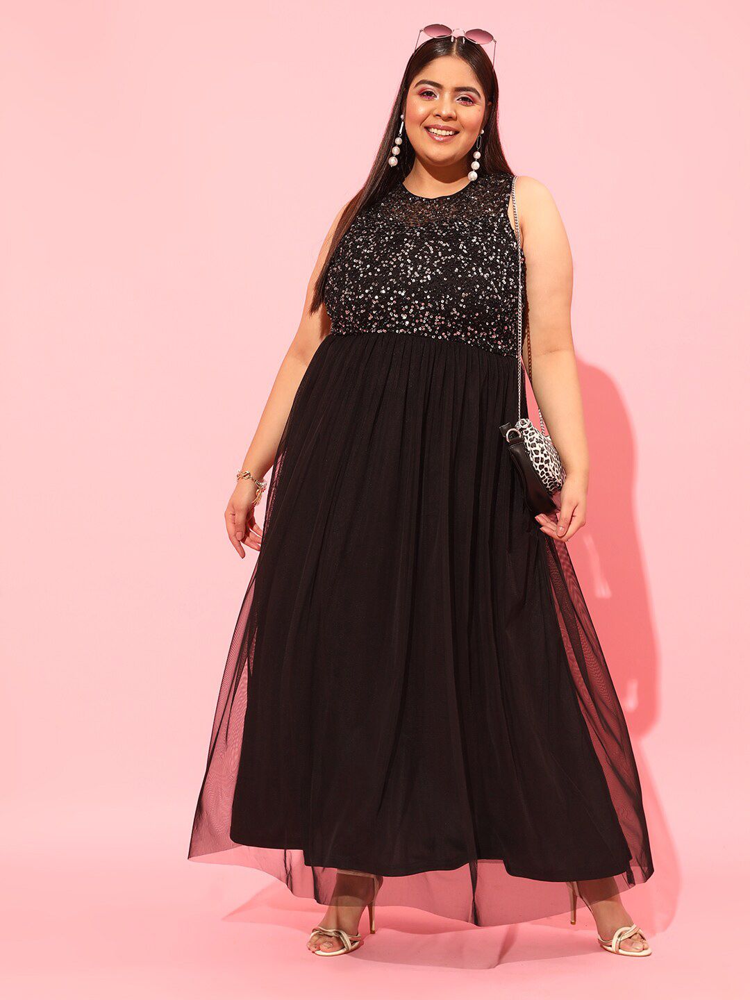 CURVY STREET Black Plus Size Embellished Net Maxi Dress