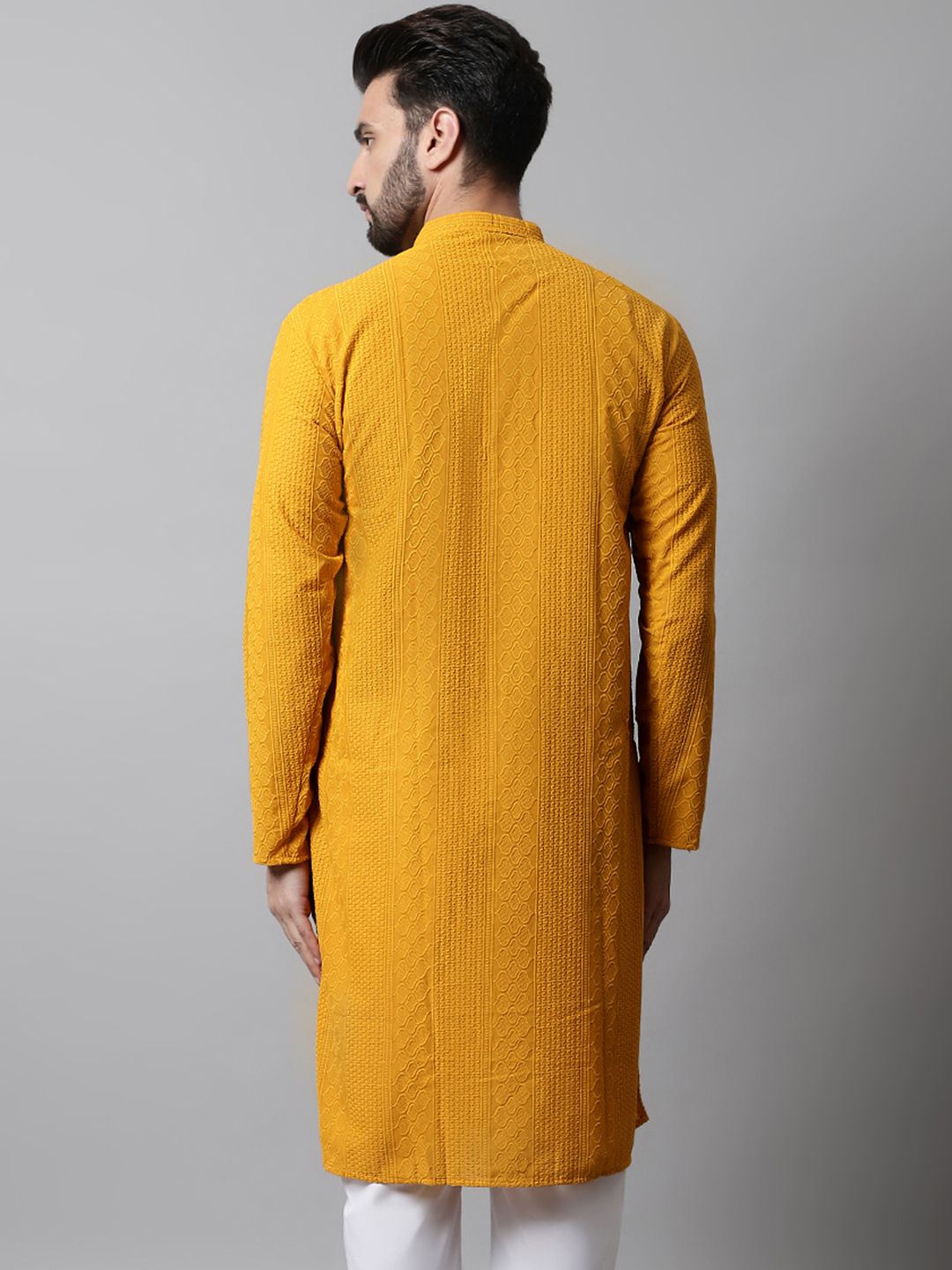 Jompers Men Mustard Yellow Embroidered Pure Cotton Kurta