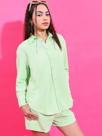 Tokyo Talkies Women Green Knitted Shirt With Shorts Set