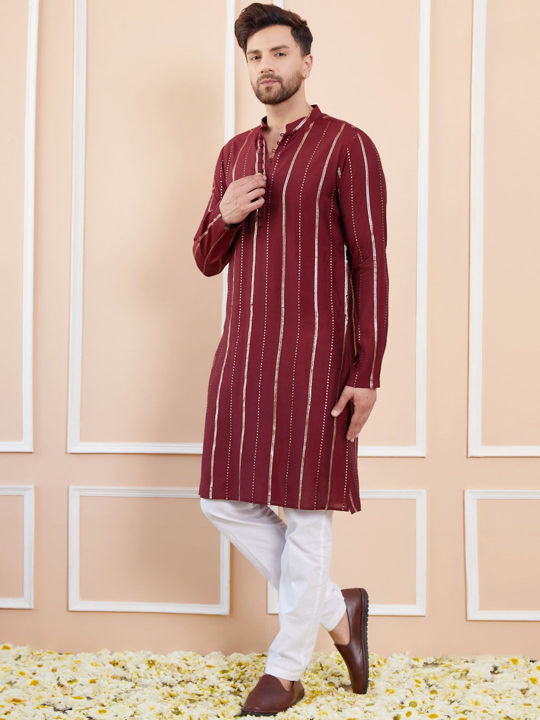 See Designs Mandarin Collar Striped Thread Work Chanderi Silk Straight Kurta