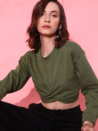 STREET 9 Women Lovely Olive Solid Crop Sweatshirt