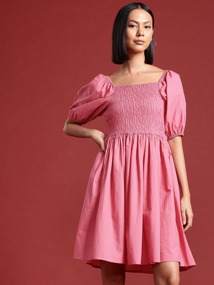all about you Puff Sleeves Smocked Pure Cotton Fit & Flare Dress