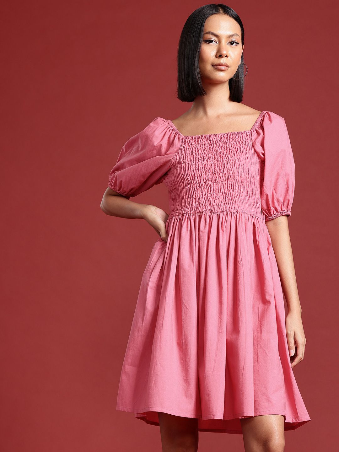 all about you Puff Sleeves Smocked Pure Cotton Fit & Flare Dress