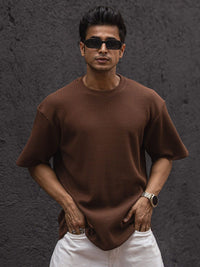 Powerlook Self Design Round Neck Drop-Shoulder Sleeves Oversized T-shirt