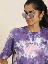 DILLINGER Women Purple  White Tie and Dye Drop-Shoulder Sleeves Oversized Pure Cotton T-shirt