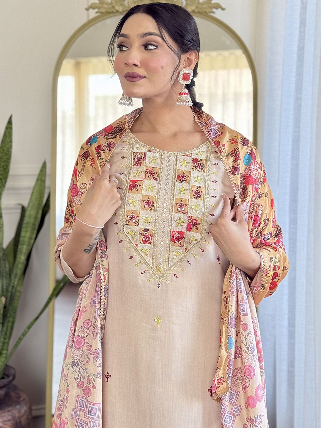 KALINI Floral Embroidered Sequnnied Straight Kurta With Trousers And Dupatta