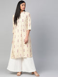 W Women Beige & Pink Printed Straight Kurta